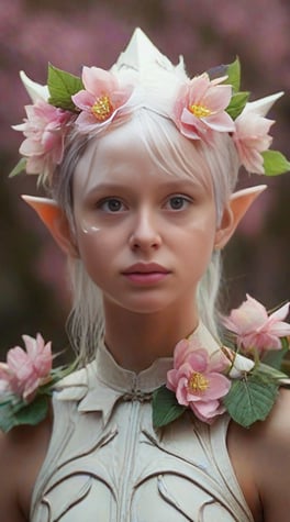 White elf with glowing silicone flowers costume, pink forest background, studio light