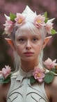 White elf with glowing silicone flowers costume, pink forest background, studio light