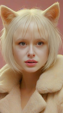 furry white cat-woman, white furcoat, artificial skin, STUDIO LIGHT holographic, glowing skin, white bob, cat-face, PINK, FUNNY