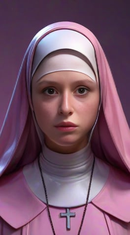 pastel pink nun, wearing laces, game character 3d, high quality image, realistic, full-black eyes, detailed, ultra-realistic, purple holographic background, wet skin effect