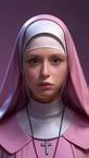 pastel pink nun, wearing laces, game character 3d, high quality image, realistic, full-black eyes, detailed, ultra-realistic, purple holographic background, wet skin effect