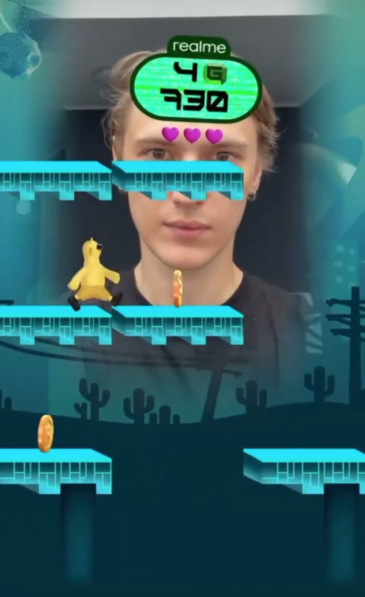 A screenshot of AR advertising gameplay, where head-tracking AR technology enables social media users to navigate the character's journey, visually depicting the transition from 1G to 5G technology.