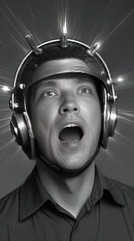 engineer, scientist, metal helmet with wires, open mouth, laboratory, 60's, black and white, film, film grain, blurry, retrofuturism, screaming, closed eyes, front lighting, (motion blur : 1.5), shining, black background, lighting lights 