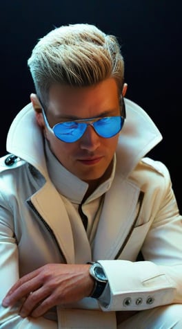 sci-fi pilot, masculine, white suite, fashion, white plastic, black background, fashion,  vibrant colors, cinematic light