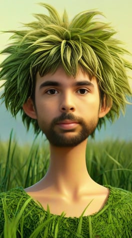 Full body T pose character, Costume and dressing made of fluffy realistic grass, golden sunset light, stylised face, Full body T pose, Grass world, Dark green glass, hair made of grass