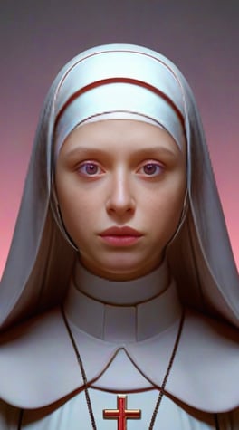pastel pink nun, game character 3d, high quality image, realistic, pink glowing eyes