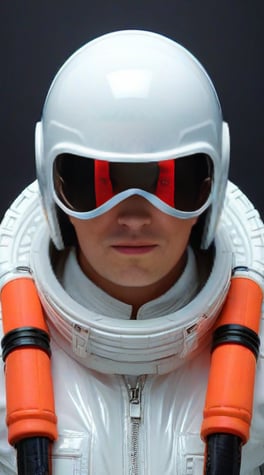 sci-fi pilot, white suite, fashion, white plastic, black background, fashion,  vibrant colors