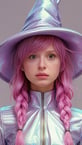 holographic lilac and pink sci-fi witch, detailed, realistic, plain white background