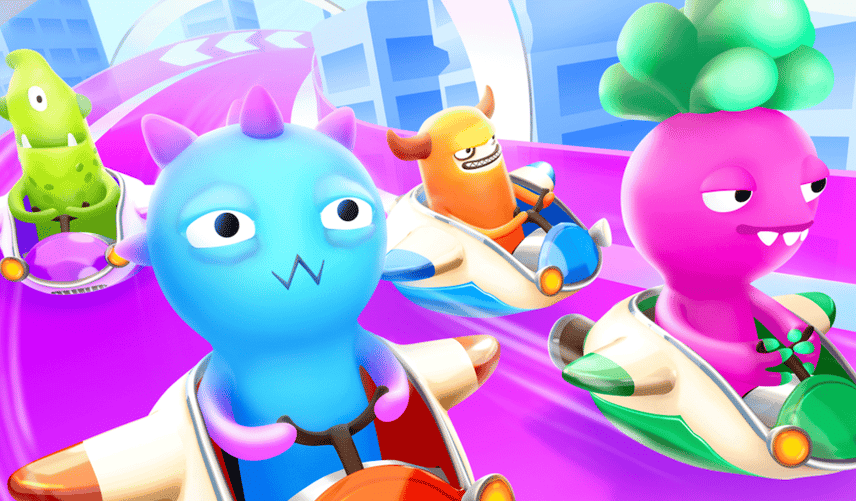 Colorful chibi-style 3d models, character design, racing in bumper cars.