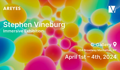 Promotional graphic for Stephen Vineburg's Immersive Exhibition featuring vibrant colors, with event details for AR experiences at G-Gallery, Manhattan.