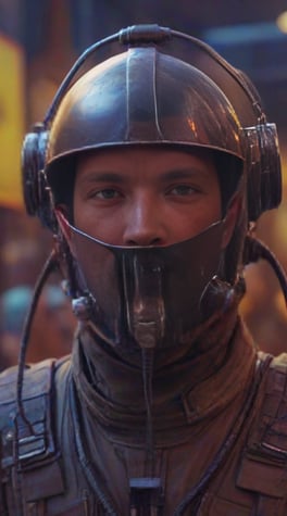 sci-fi pilot,, metal helmet with wires, open mouth, laboratory, vibrant colors, fortnite, film, film grain