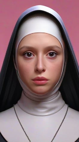 nun, wearing rubber, pale and skinny, game character 3d, high quality image, realistic, full-black eyes, detailed, ultra-realistic, purple holographic pink background