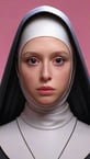 nun, wearing rubber, pale and skinny, game character 3d, high quality image, realistic, full-black eyes, detailed, ultra-realistic, purple holographic pink background