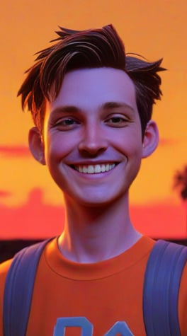 playstation 1, 3d character, video game, VHS, glitchy, sunset, orange sky, smile
