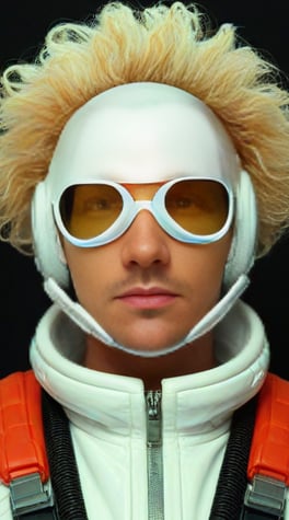 sci-fi pilot, white suite, fashion, white plastic, black background, fashion,  vibrant colors
