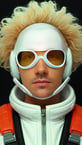 sci-fi pilot, white suite, fashion, white plastic, black background, fashion,  vibrant colors