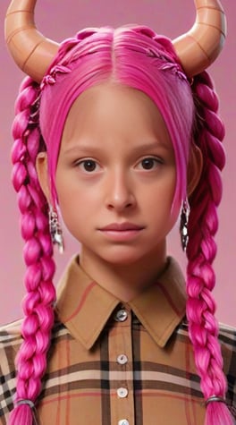 game character, burberry, forntite, pink background, horns,  diamonds, glowing stones, many PINK BRAIDS, eyeliner
