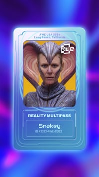 Three digital avatars showcased on personalized Reality Multipass cards, highlighting AR and VR technology, avatar creation, and customization.