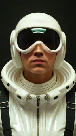 sci-fi pilot, white suite, fashion, white plastic, black background, fashion,  vibrant colors