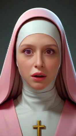 pastel pink nun, game character 3d, high quality image, realistic, pink glowing eyes, detailed, ultra-realistic