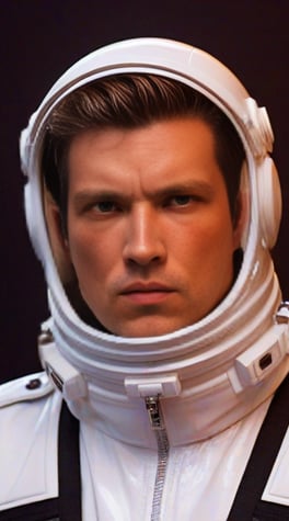 sci-fi pilot, masculine, white suite, fashion, white plastic, black background, fashion,  vibrant colors, cinematic light