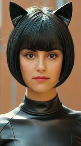 cat woman, black bob hairstyle