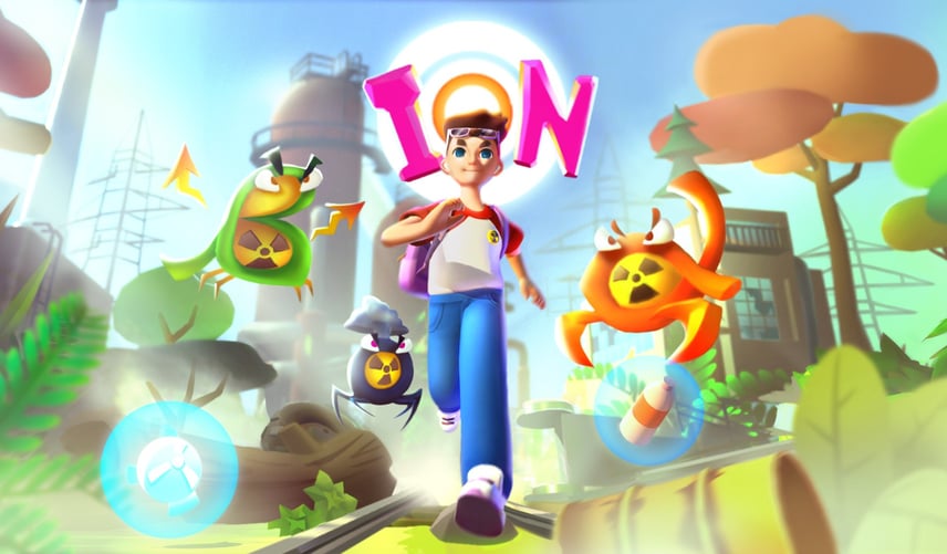 Colorful animated game scene with a boy and whimsical creatures in a fantasy landscape.