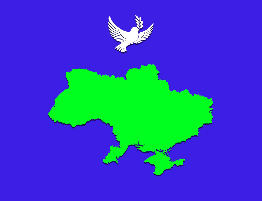 Neon green map of Ukraine against blue background, 2D art