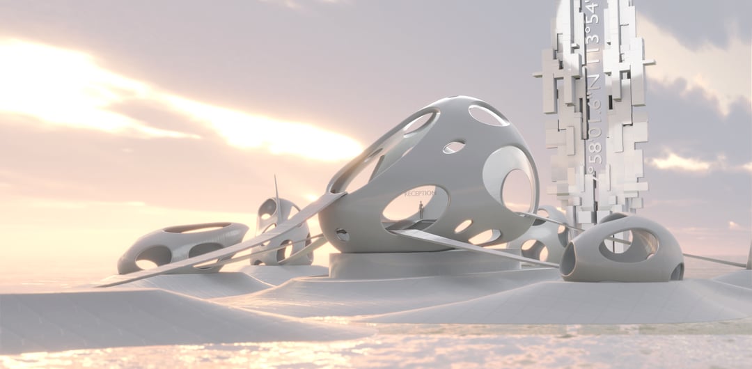Futuristic architecture with organic shapes and a rocket structure against a cloudy sunrise sky.