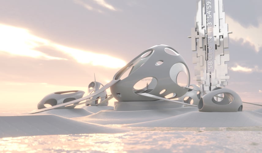Futuristic architecture with organic shapes and a towering structure against a twilight sky.
