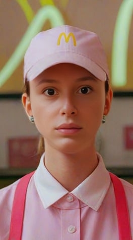 pastel pink mcdonald's worker, contrast light, white background, mcdonald's logo