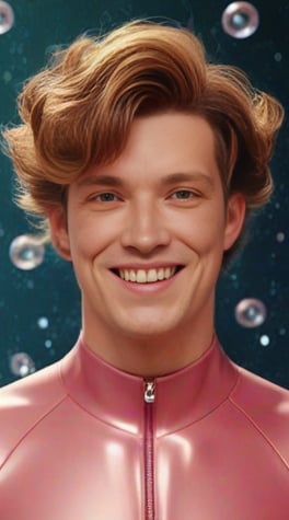 smiling guy in pink sci-fi body-suit, photorealistic, space background, contrast light, floating jellyfish