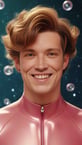 smiling guy in pink sci-fi body-suit, photorealistic, space background, contrast light, floating jellyfish