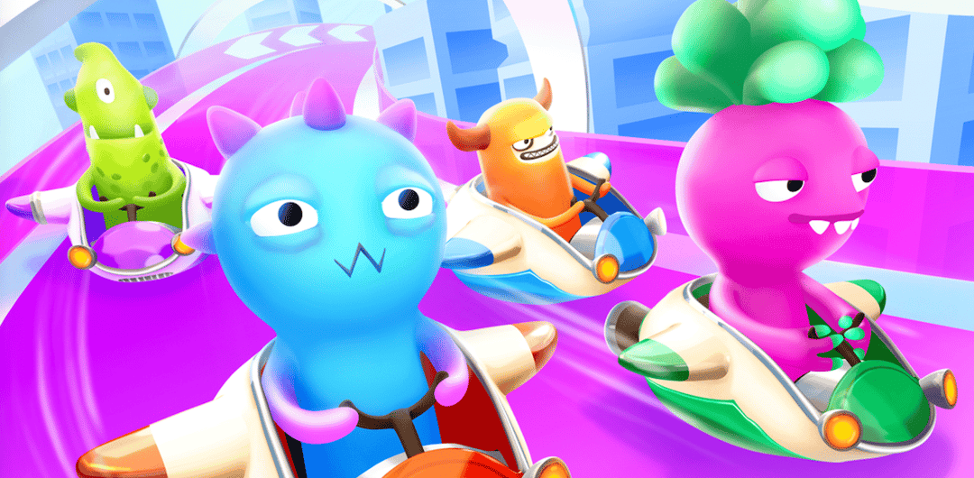 Colorful cartoon characters racing in futuristic bumper cars.