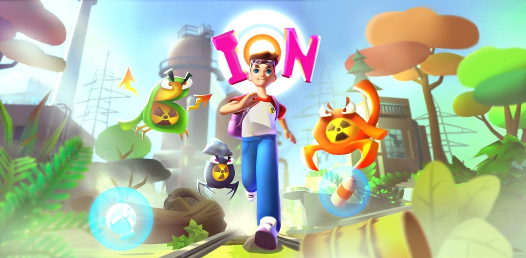 Animated game characters in a colorful environment with oversized lettering "TON" in the background.