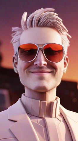playstation 1,  white futuristic suite, sunglasses, high fashion, 3d character, video game, VHS, glitchy, sunset, orange sky, smile, pixelated, aliasing, minimalistic, low poly
