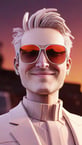playstation 1,  white futuristic suite, sunglasses, high fashion, 3d character, video game, VHS, glitchy, sunset, orange sky, smile, pixelated, aliasing, minimalistic, low poly

