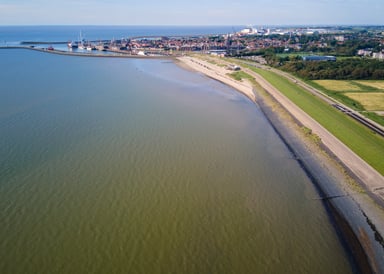 Aerial View of kitebeach Harlingen next to the port