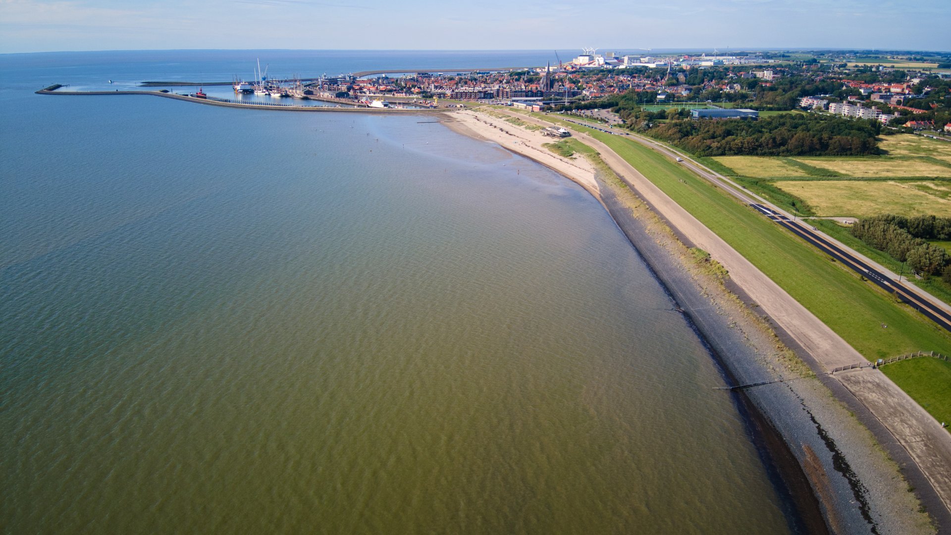 Aerial View of kitebeach Harlingen next to the port
