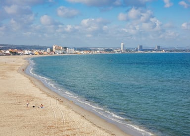 Palmones Kitesurfing in Spain view from sideshore with blue sky and skyline in the background