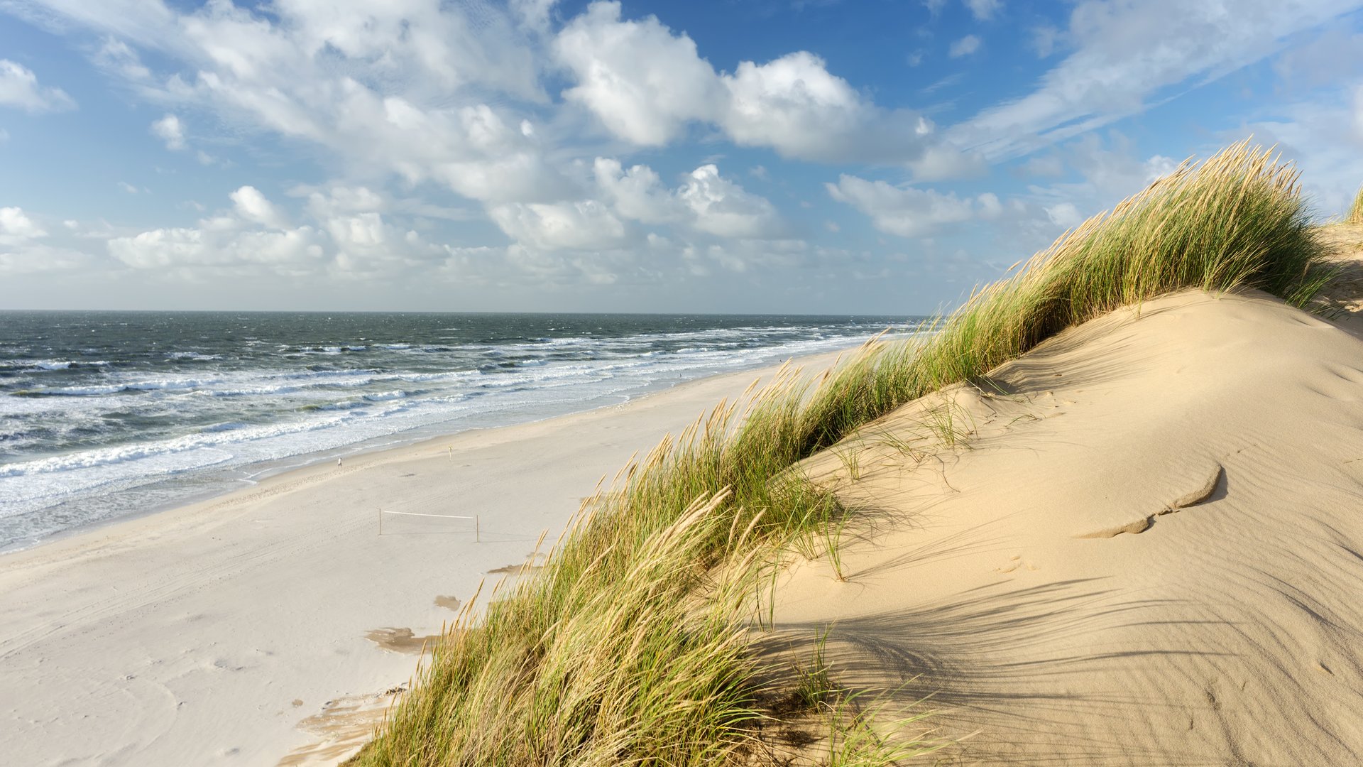 Westerland Kitesurfing Germany with a sandy Hill in front, grass and gusty sea in the background