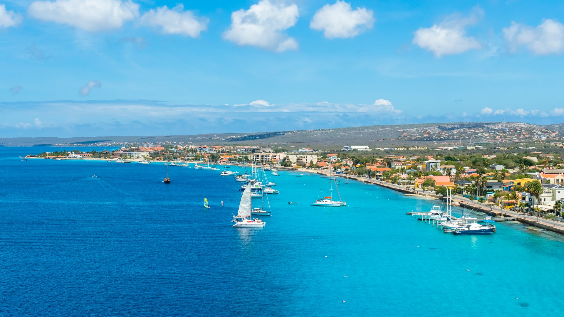 Carribean Boanire Kralendijk coast and townscape from air