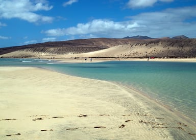 Jandia Beach Kitesurfing in Fuerteventura image of beautiful blue and green water ans small flat stony hills in the background