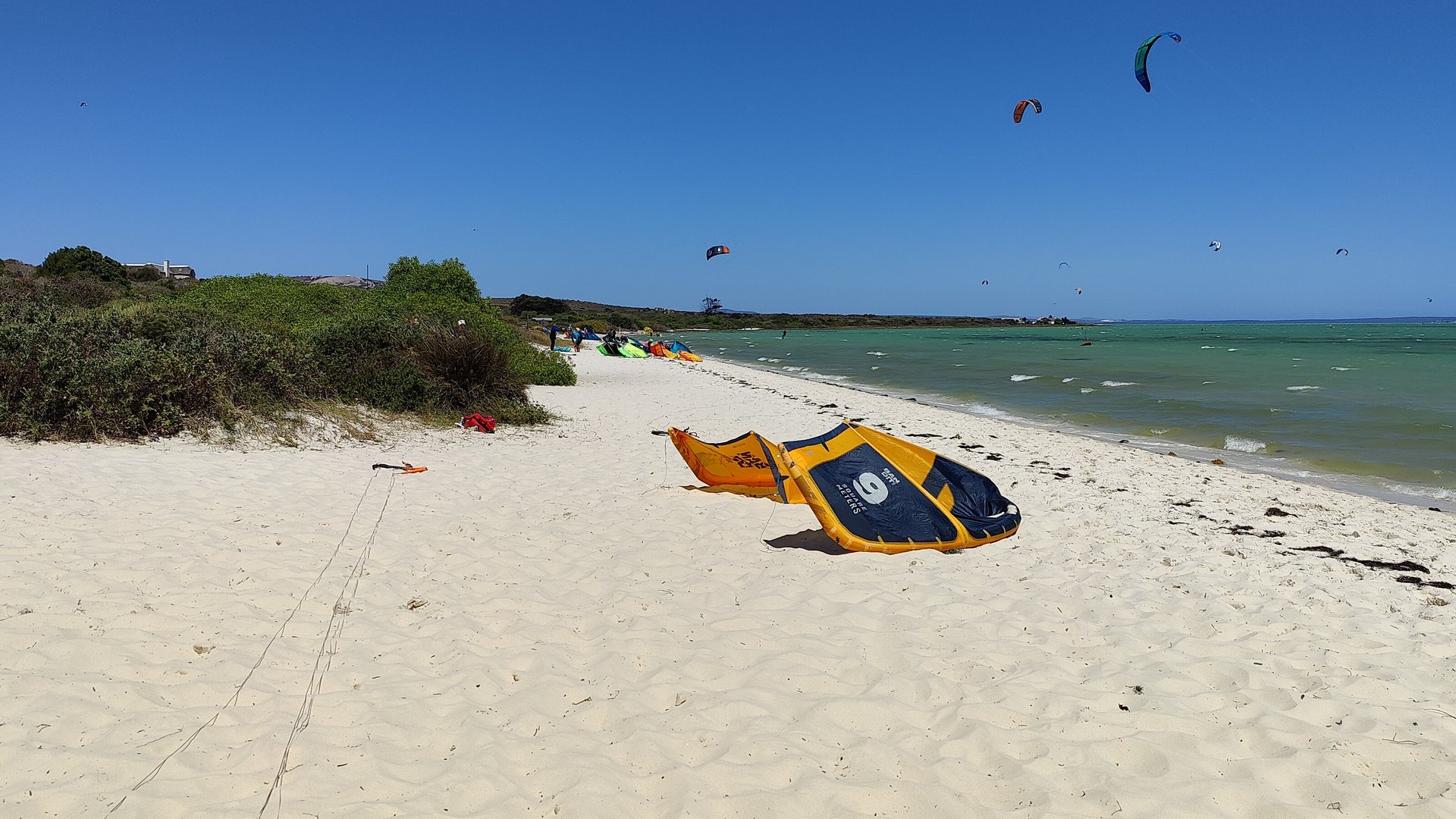 Beach view at Shark Bay, white Sand, green grass and green water