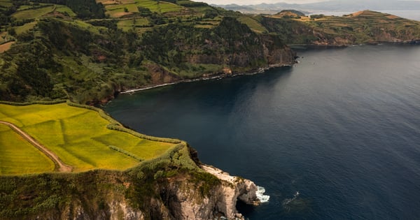 Picturesque coastline landscape with green hills in Azores