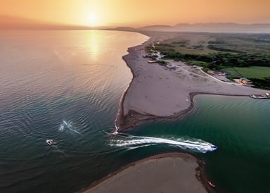 Aerial photo at sunset over Bojana Island in Monte Negro