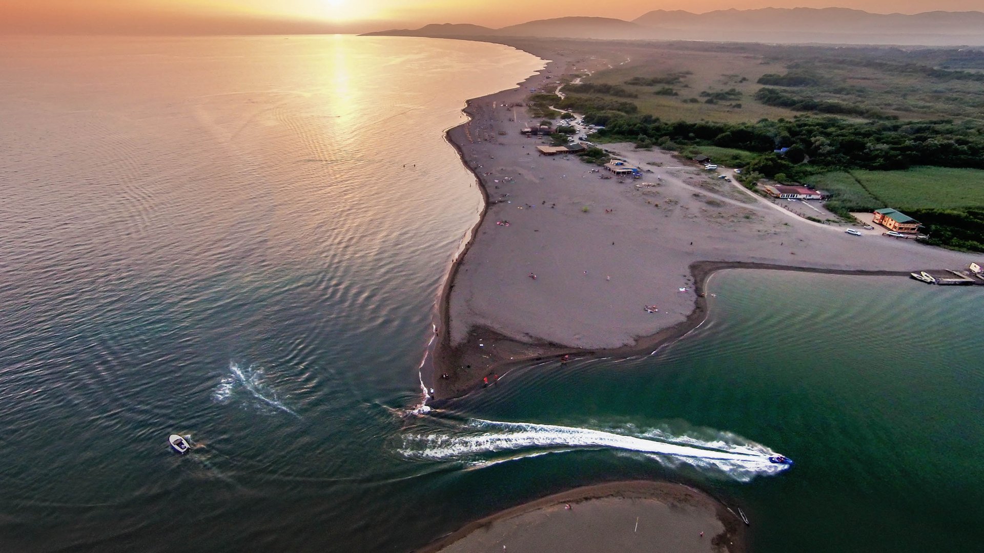 Aerial photo at sunset over Bojana Island in Monte Negro