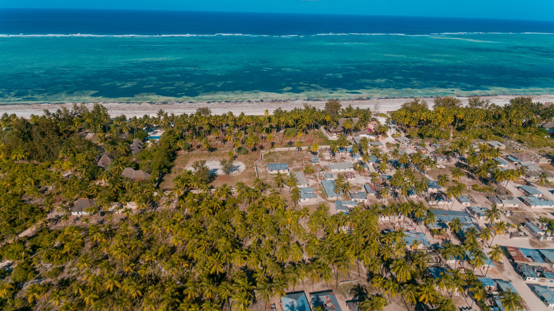 Drone view from land to Pwani Beach in Zanzibar