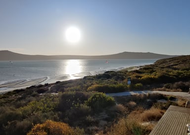 View from terrace  over shark bay at sunset. 