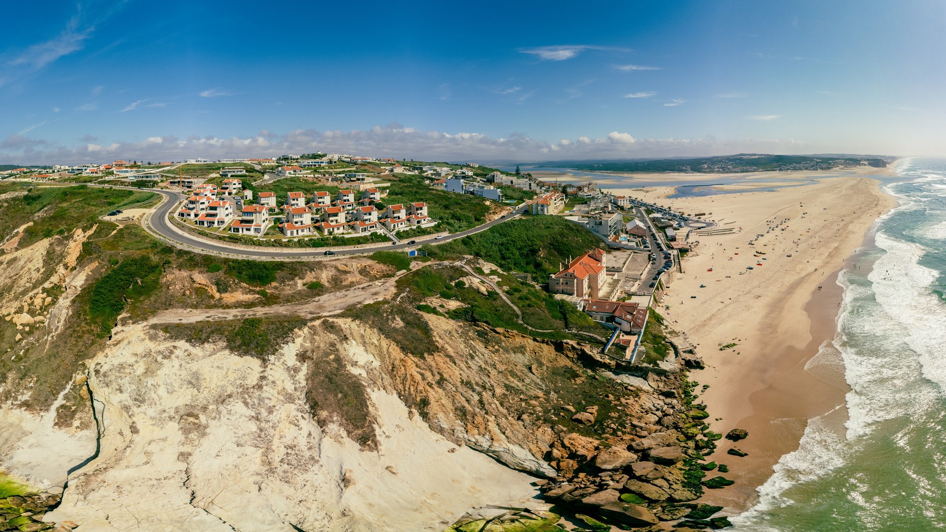 Aerial fish eye view of foz do arelho during summer time in portugal